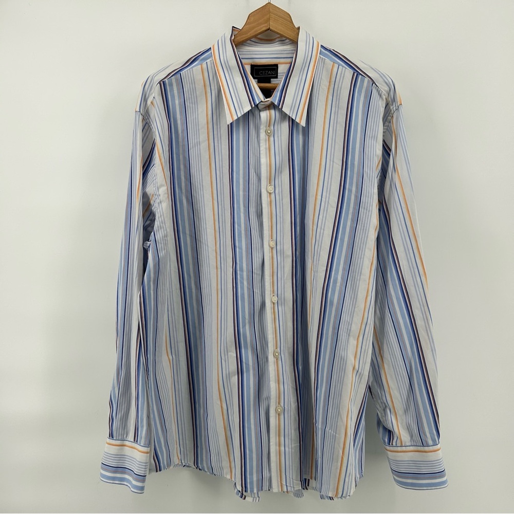 Vtg Cezani White Shirt Mens XL Blue Orange Stripped Long Sleeve‎ Dad Core Preppy
